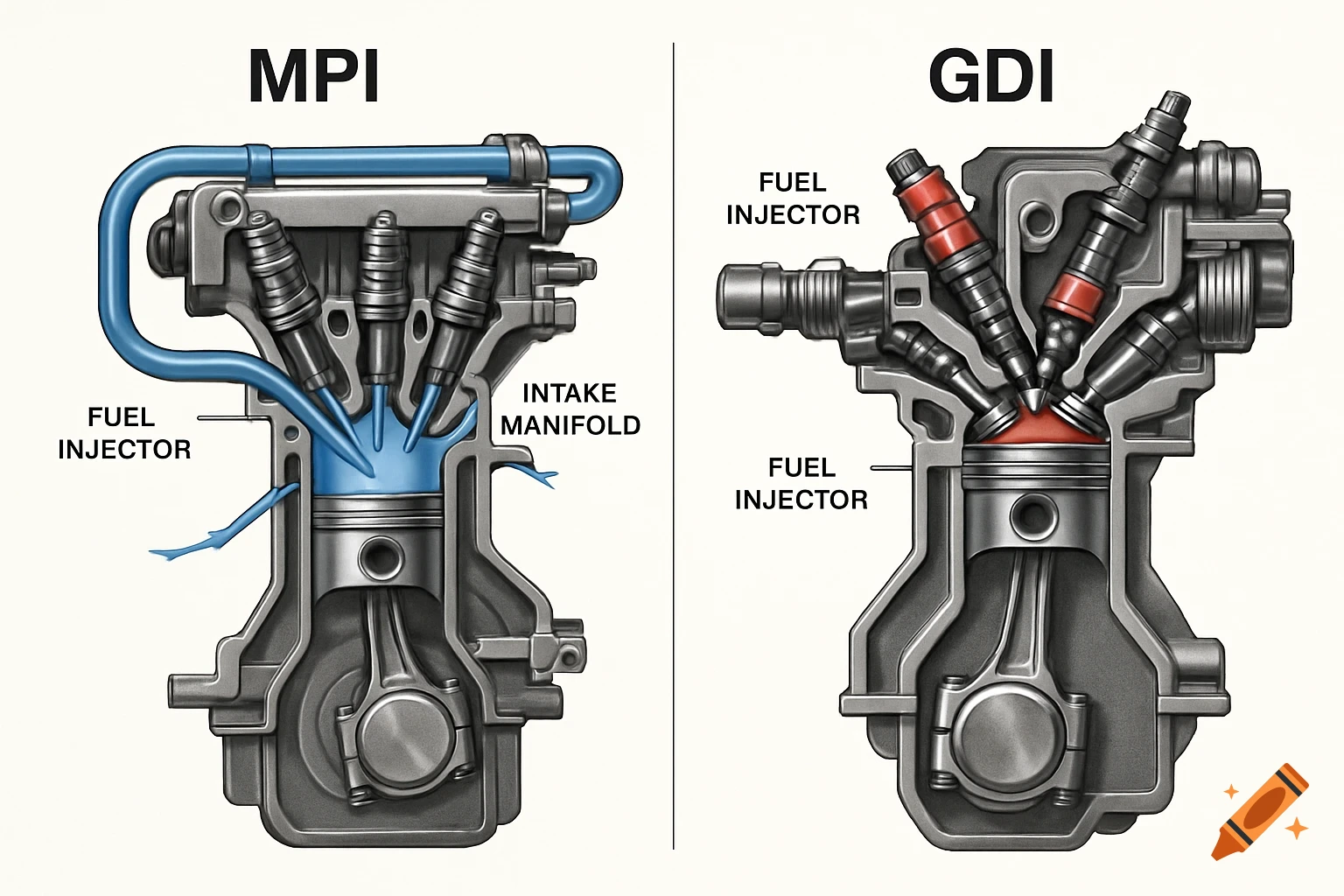 Side-by-side technical illustration comparing Multi-Point Injection (MPI) and Gasoline Direct Injection (GDI) engine designs.