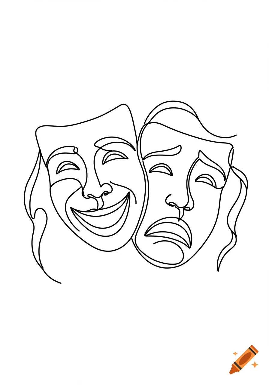 A minimalist line art drawing of happy and sad theater masks.