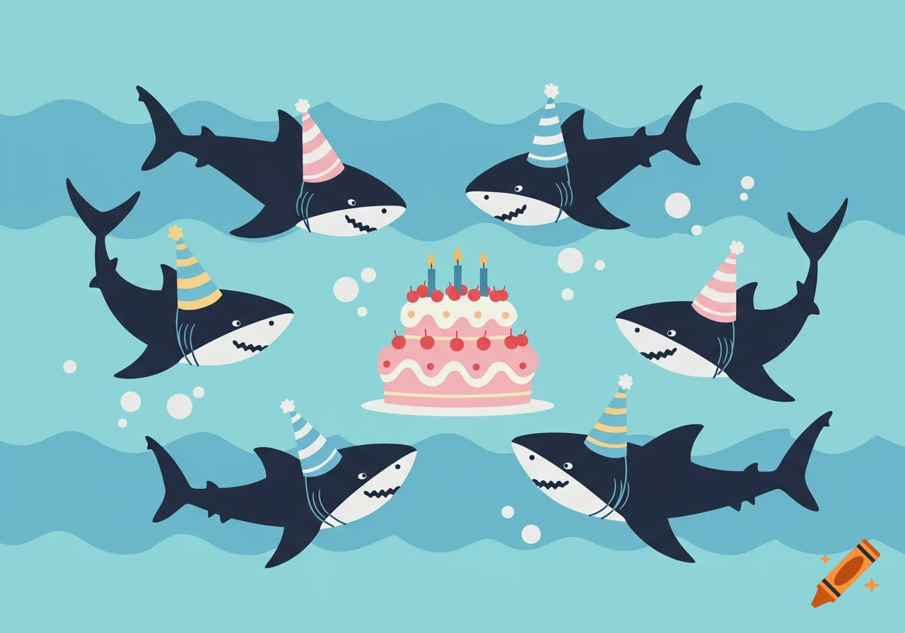 Cartoon sharks wearing party hats circle a birthday cake in blue water.