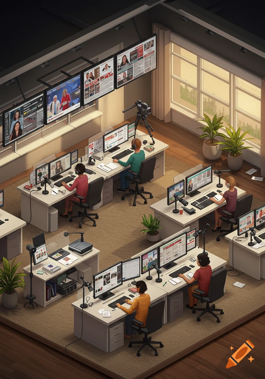 An isometric illustration of a busy newsroom with people working at desks with multiple monitors and cameras, in a bright office.