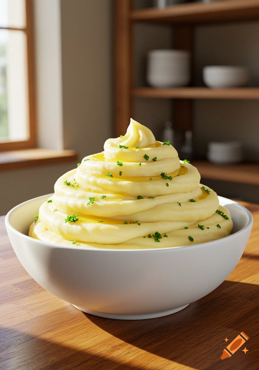 A white bowl filled with a swirl of mashed potatoes, topped with melted butter and chopped parsley, sitting on a wooden table in a sunlit kitchen.