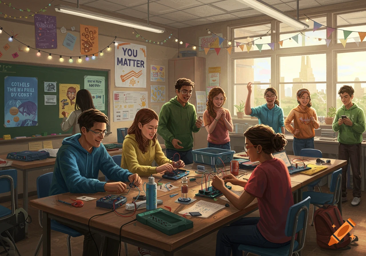 High school students are working on electronics projects at tables in a classroom with colorful decorations and a 'YOU MATTER' poster on the wall.