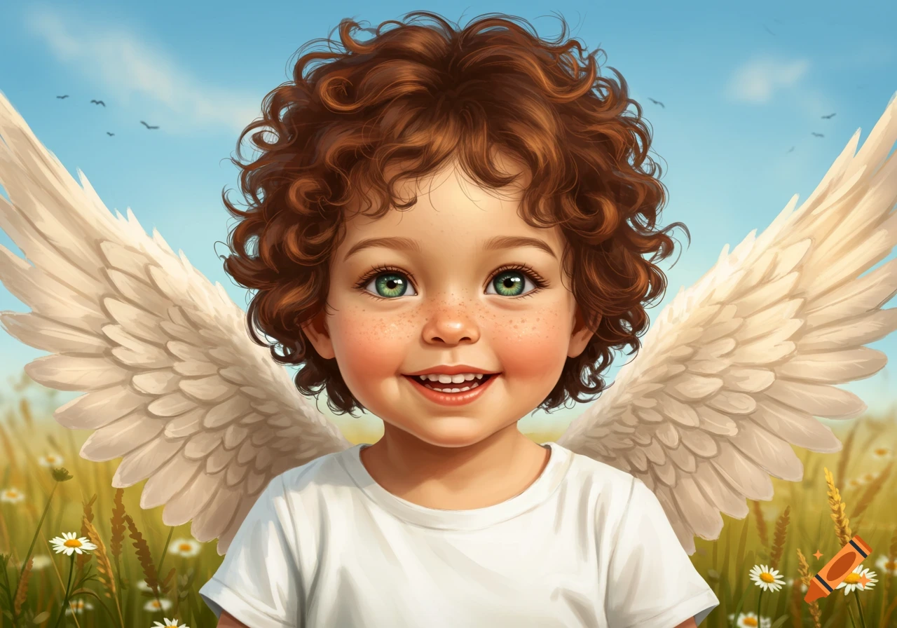 A smiling child with curly brown hair, green eyes, and freckles, wearing a white shirt and white feathered wings, stands in a sunny field of grass and daisies under a blue sky.