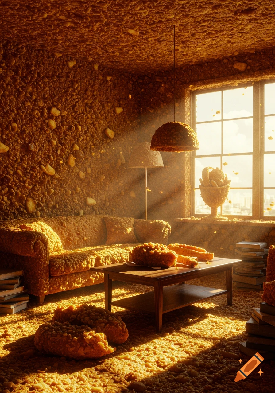 A surreal, photorealistic living room with all surfaces covered in crispy, deep-fried breading, large fried pieces on furniture and floor.
