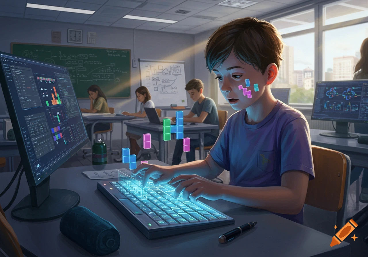 A young boy in a classroom intently typing on a glowing keyboard with colorful Tetris blocks floating around him, during what appears to be an AI class.
