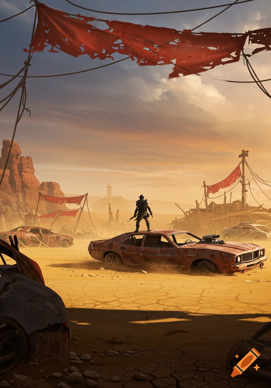 A lone figure stands atop a rusty car in a desolate Mad Max-style post-apocalyptic desert landscape under a dramatic sky.