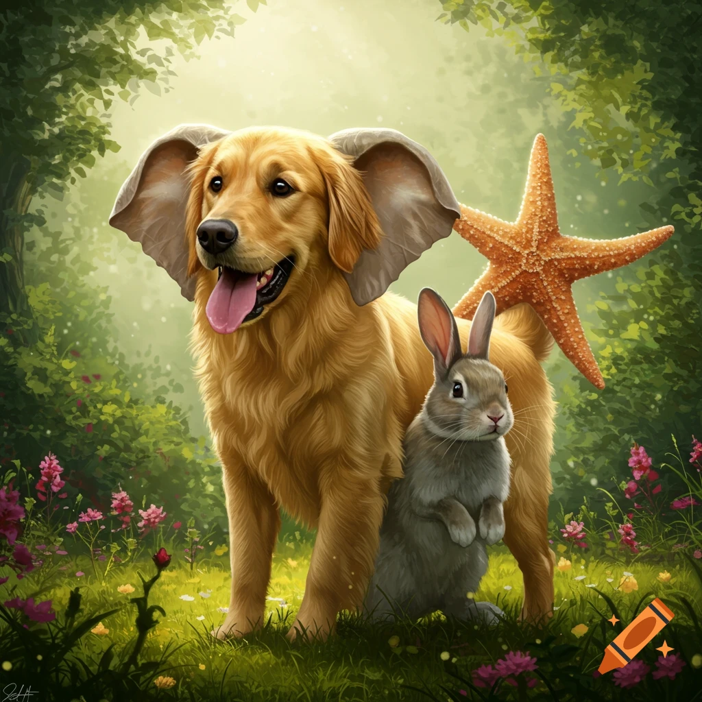 A golden retriever with large, floppy ears resembling elephant ears, stands in a lush, green forest with a small gray rabbit at its side. A large orange starfish is attached to the dog's rear as a tail. Light filters through the trees onto the grassy ground with wildflowers.