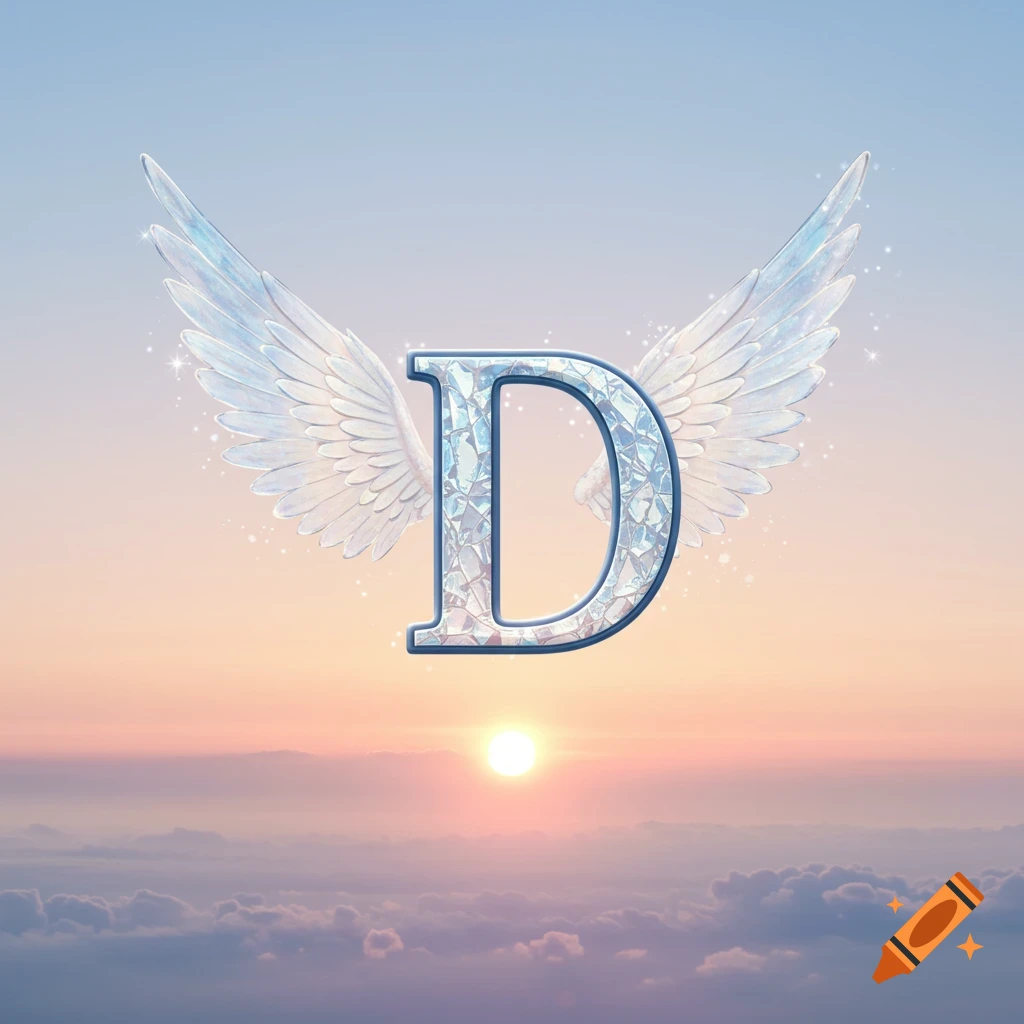 Icy letter D with feathered wings against a sunset sky with clouds.