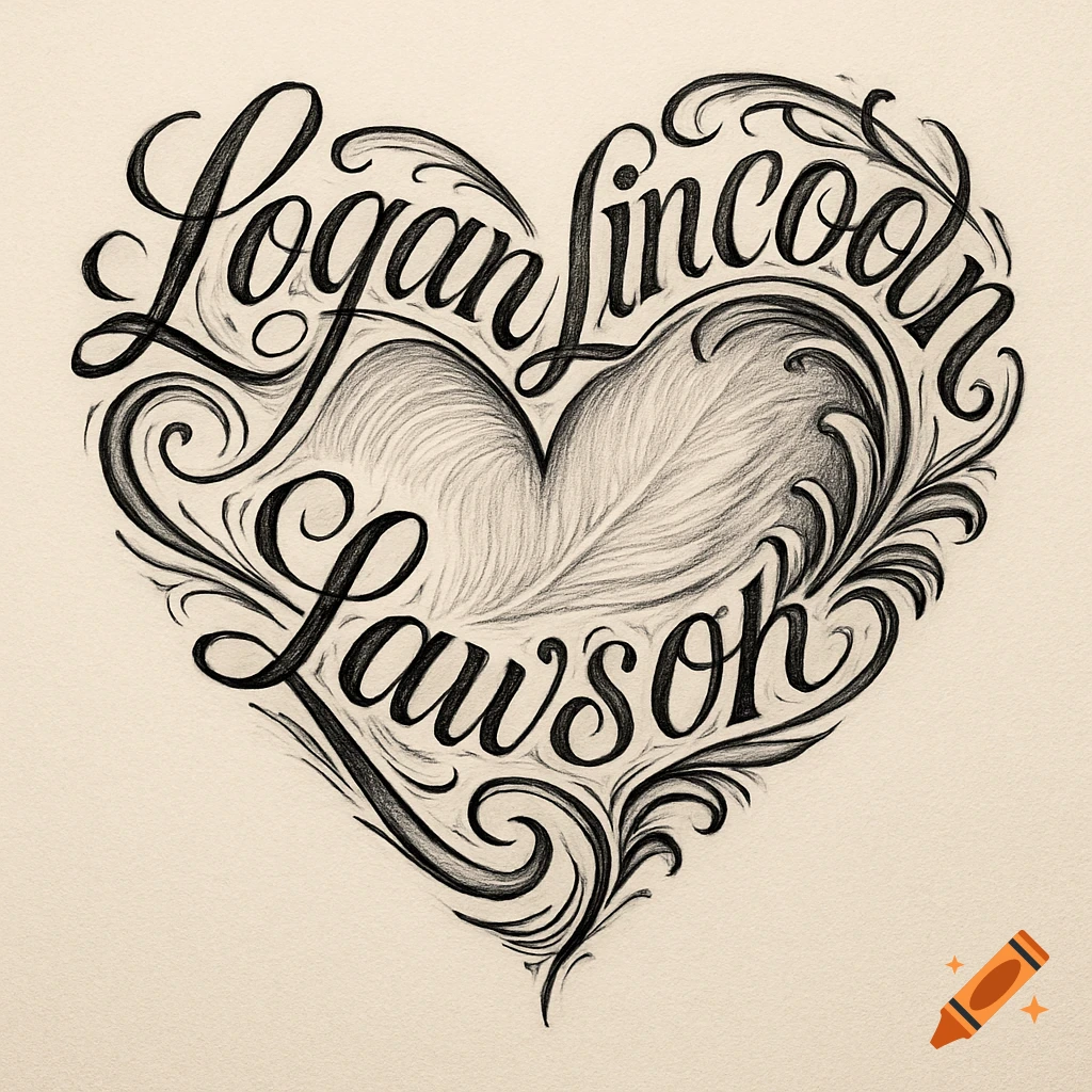 Black and white calligraphic heart tattoo design with the names Logan, Lincoln, and Lawson forming the outline.