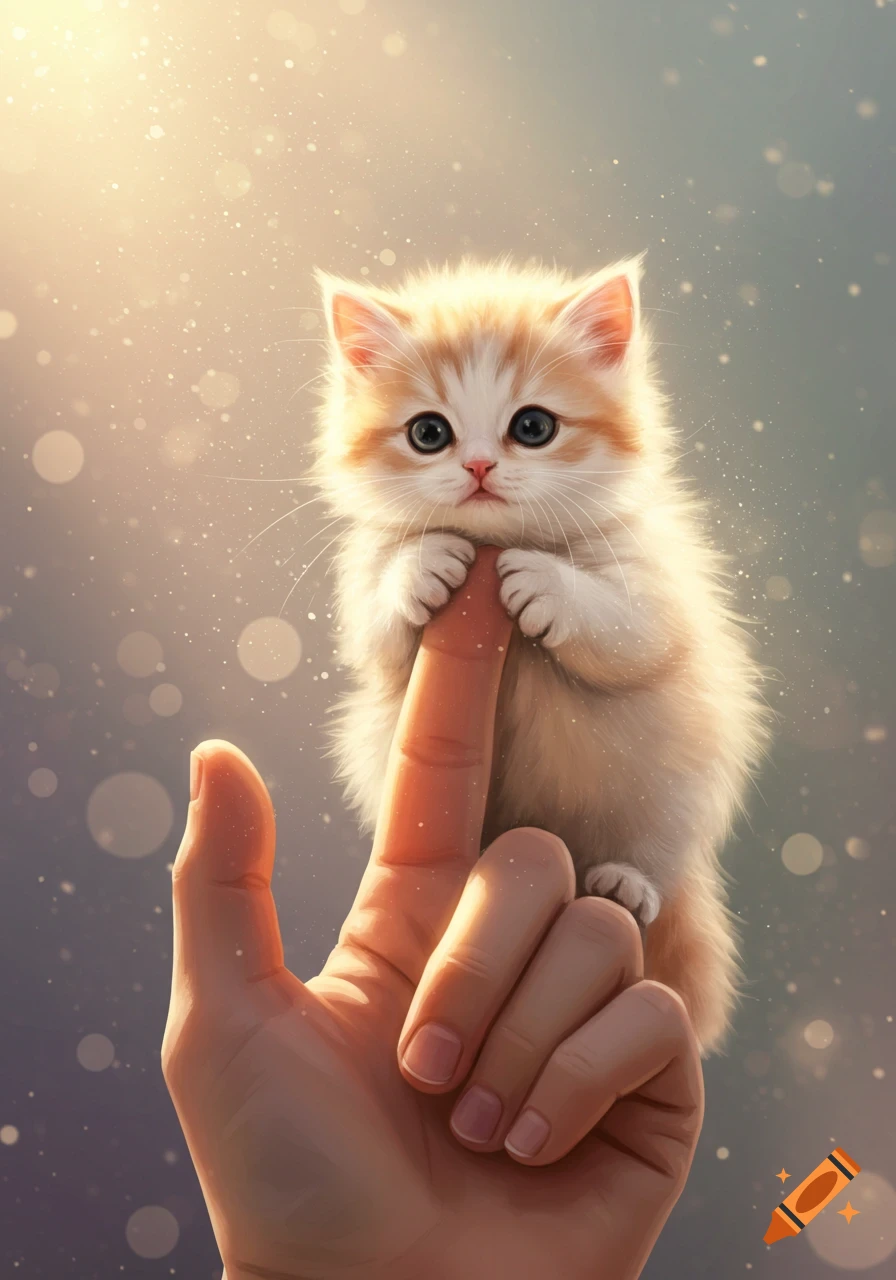 A fluffy orange and white kitten with big blue eyes clings to a human finger, with sparkling light in the background.