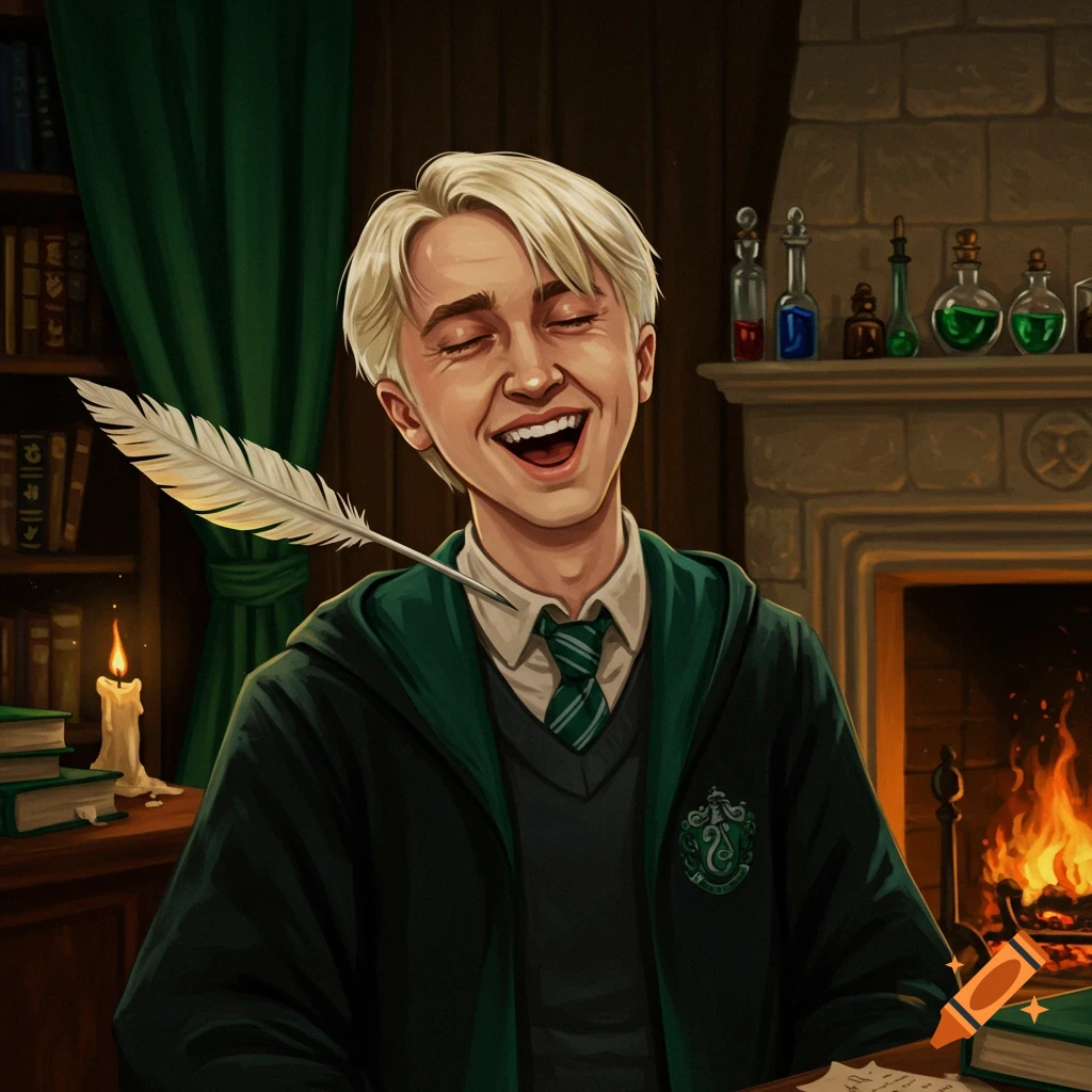 An illustration of Draco Malfoy laughing with his eyes closed, being tickled by a white quill, in a cozy room with a fireplace and books.