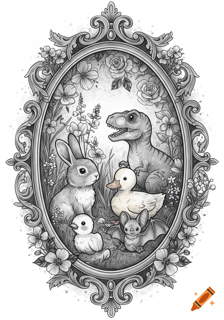 Black and white illustration of a bunny, duck, baby duck, bat, and T-Rex inside an ornate oval frame with flowers.