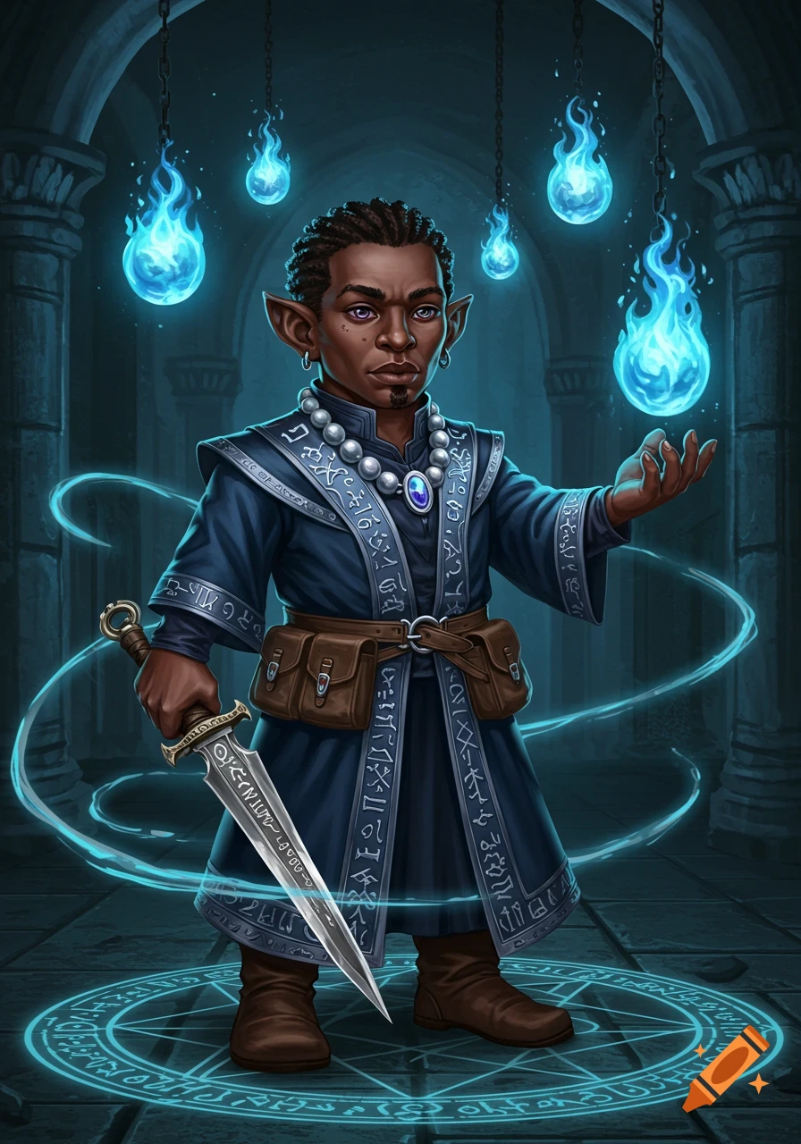 A dark-skinned halfling wizard in a blue robe with runes holds a dagger and casts spells in a dim arched chamber with floating blue flames.