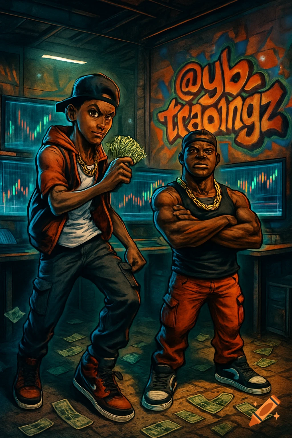 Two animated men in streetwear pose in an urban trading room with money, monitors, and graffiti.
