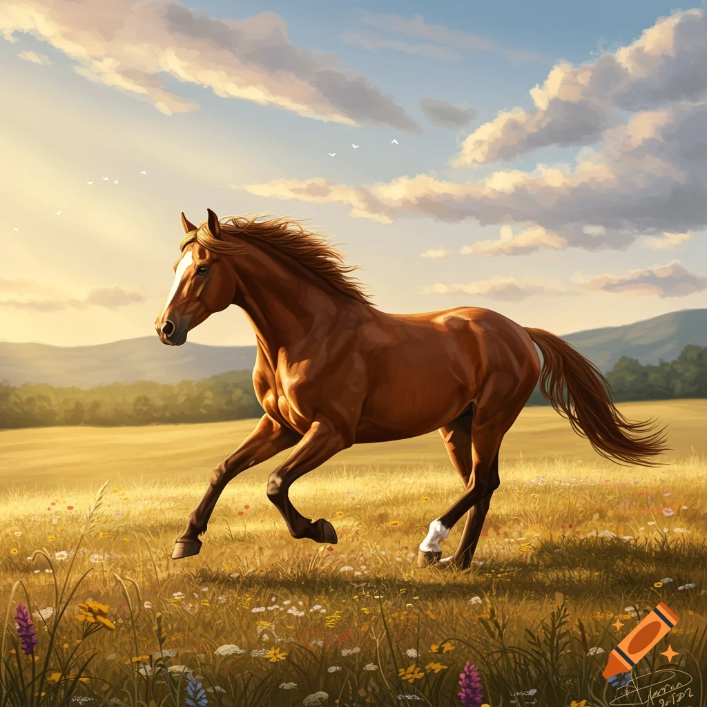 A brown horse gallops through a golden field at sunset under a partly cloudy sky.