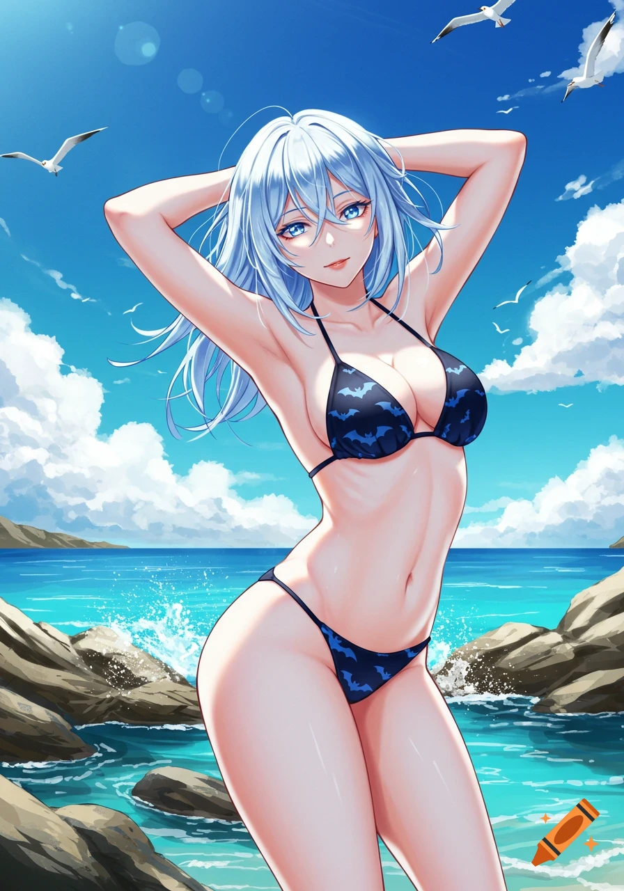 Anime woman with light blue hair and blue eyes posing on a beach in a blue bat-themed bikini under a clear sky.