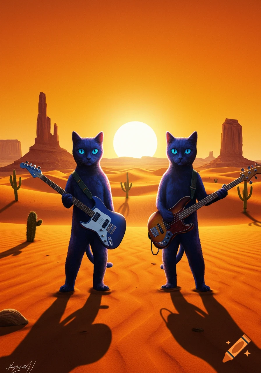 Two dark blue cat-like figures with glowing blue eyes stand in an orange desert at sunset, one holding an electric guitar and the other a bass guitar.