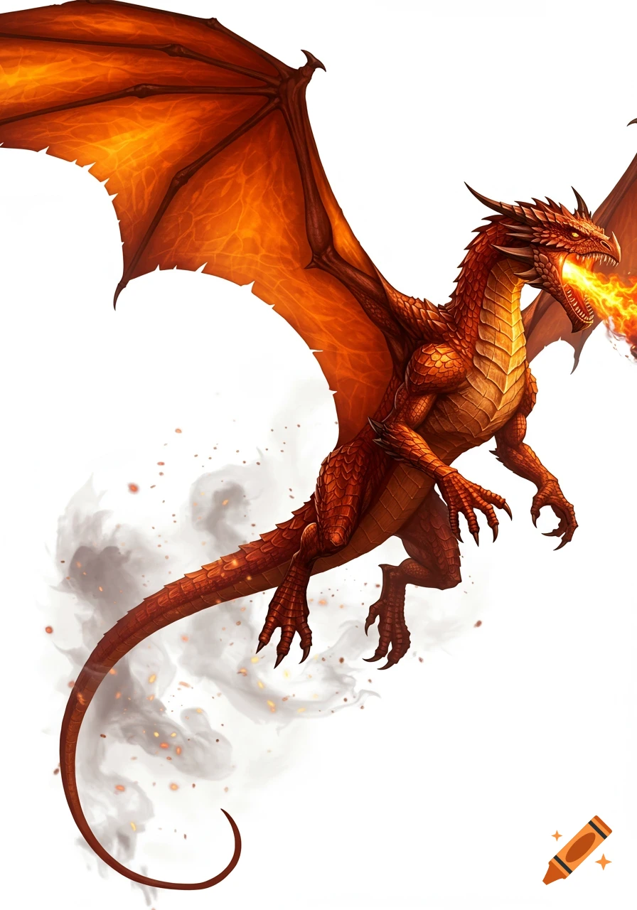 An angry, fire-breathing red dragon with large, orange wings flies against a white background.