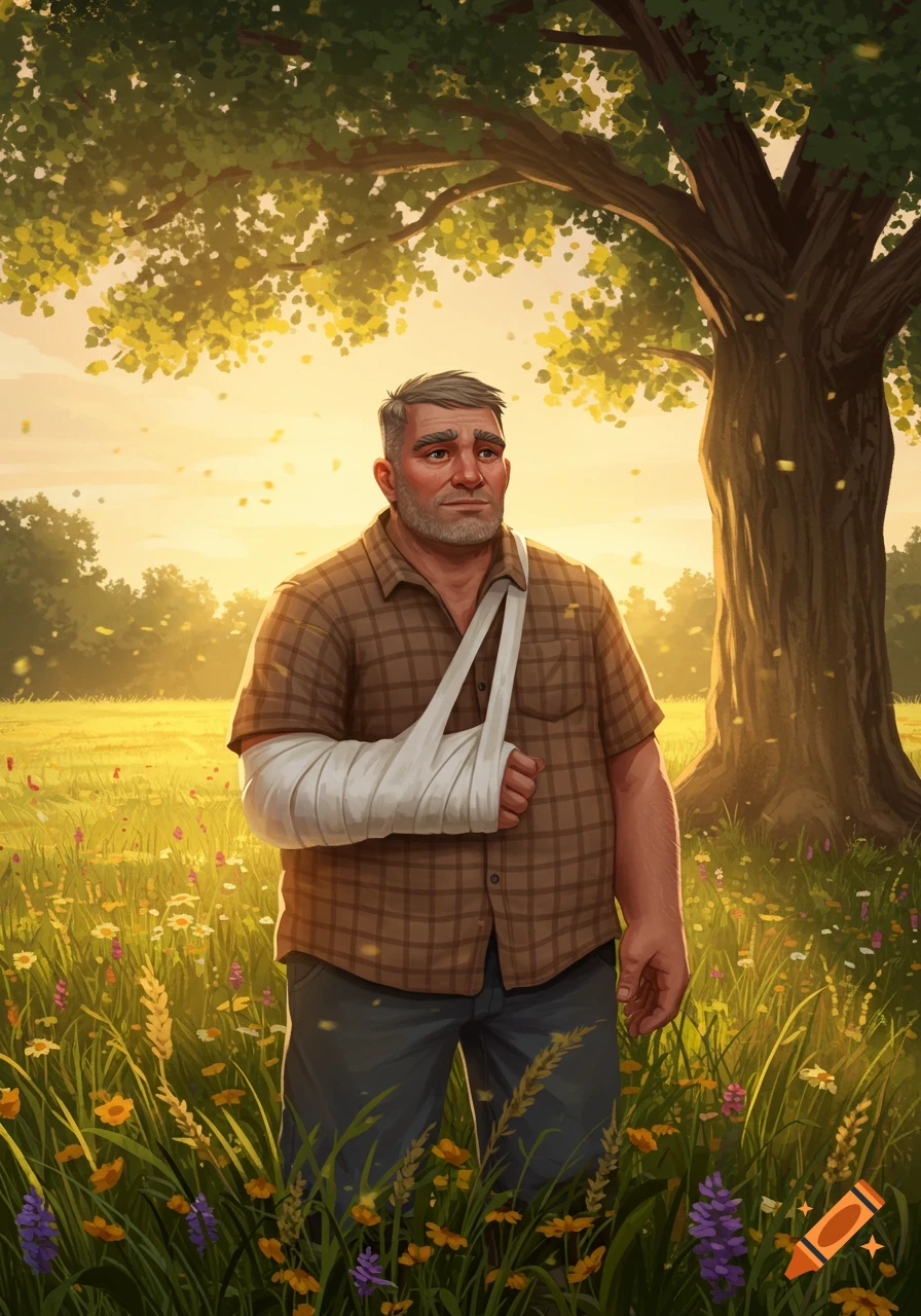 A man with a broken arm in a sling stands contemplatively in a sunlit field with wildflowers under a large tree.