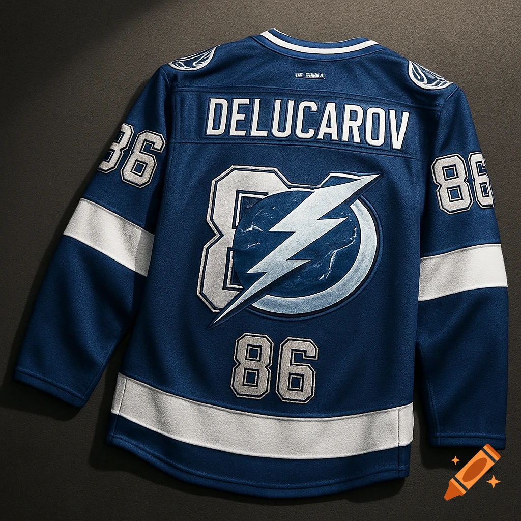 A blue hockey jersey with white and grey accents, featuring 'DELUCAROV' and '86' on the back, with a lightning bolt logo.