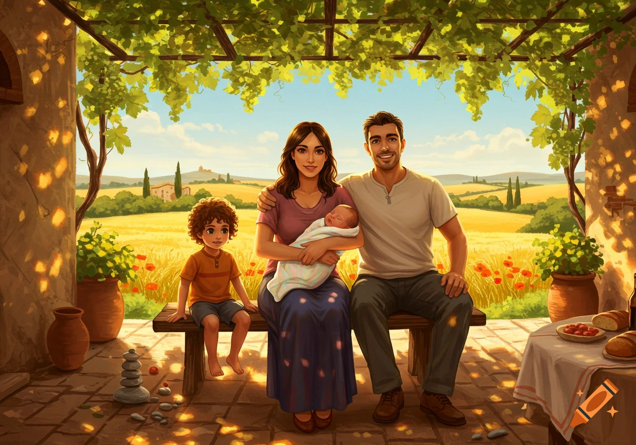 An illustrated family portrait of a mother holding a baby, father, and young boy on a bench in a sunny Italian vineyard.