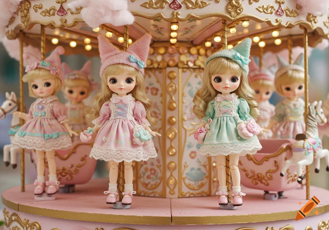 Two detailed doll figures in pink and teal dresses stand on a vibrant, ornate carousel with other dolls.