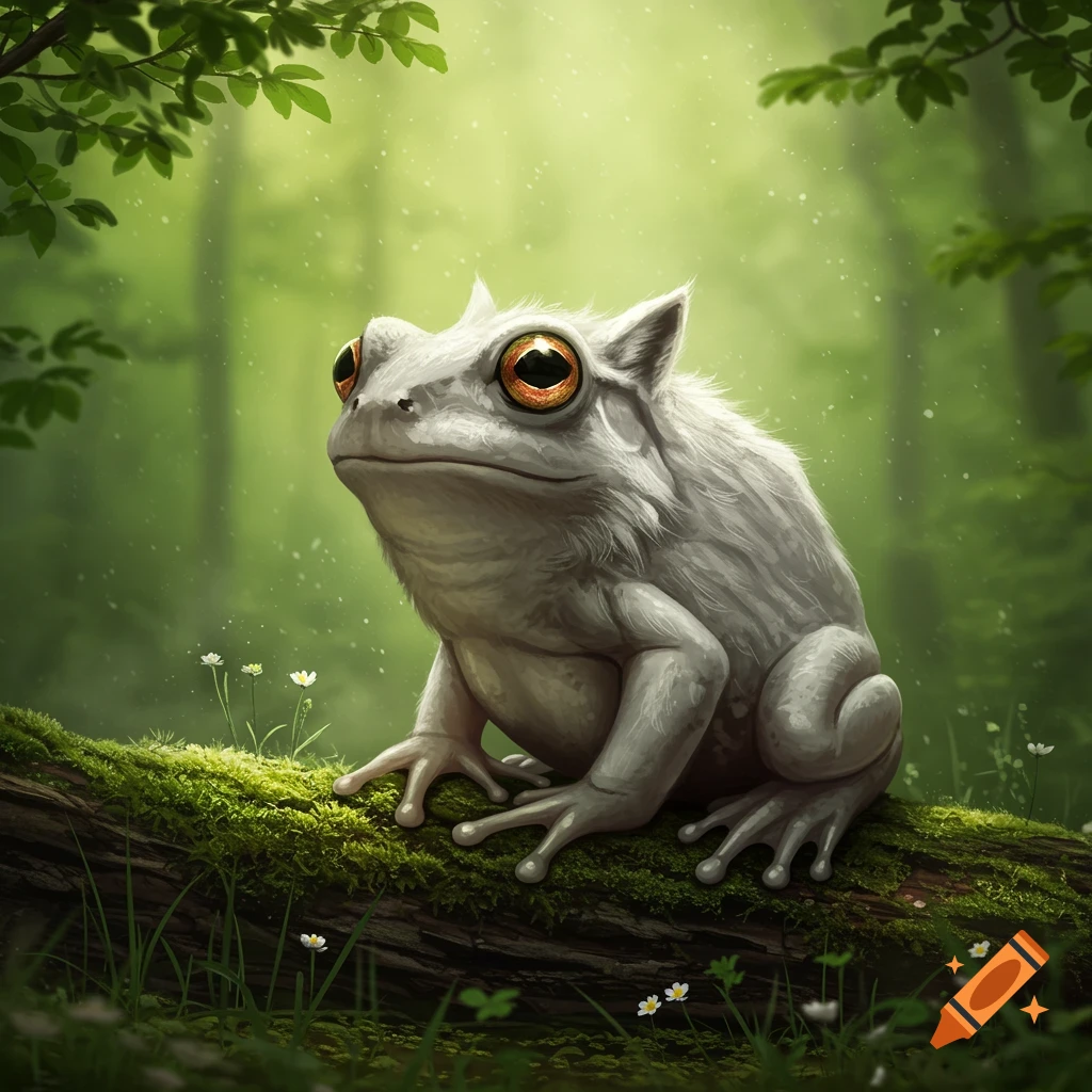 A white, furry frog-wolf hybrid with large orange eyes sits on a moss-covered log in a lush green forest.