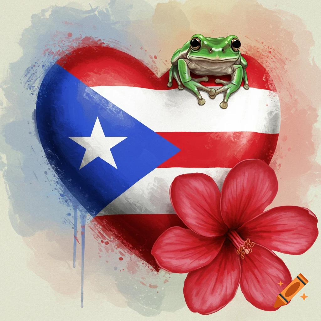 Watercolor illustration of a heart with the Puerto Rico flag, a green coqui frog, and a red amapola flower.