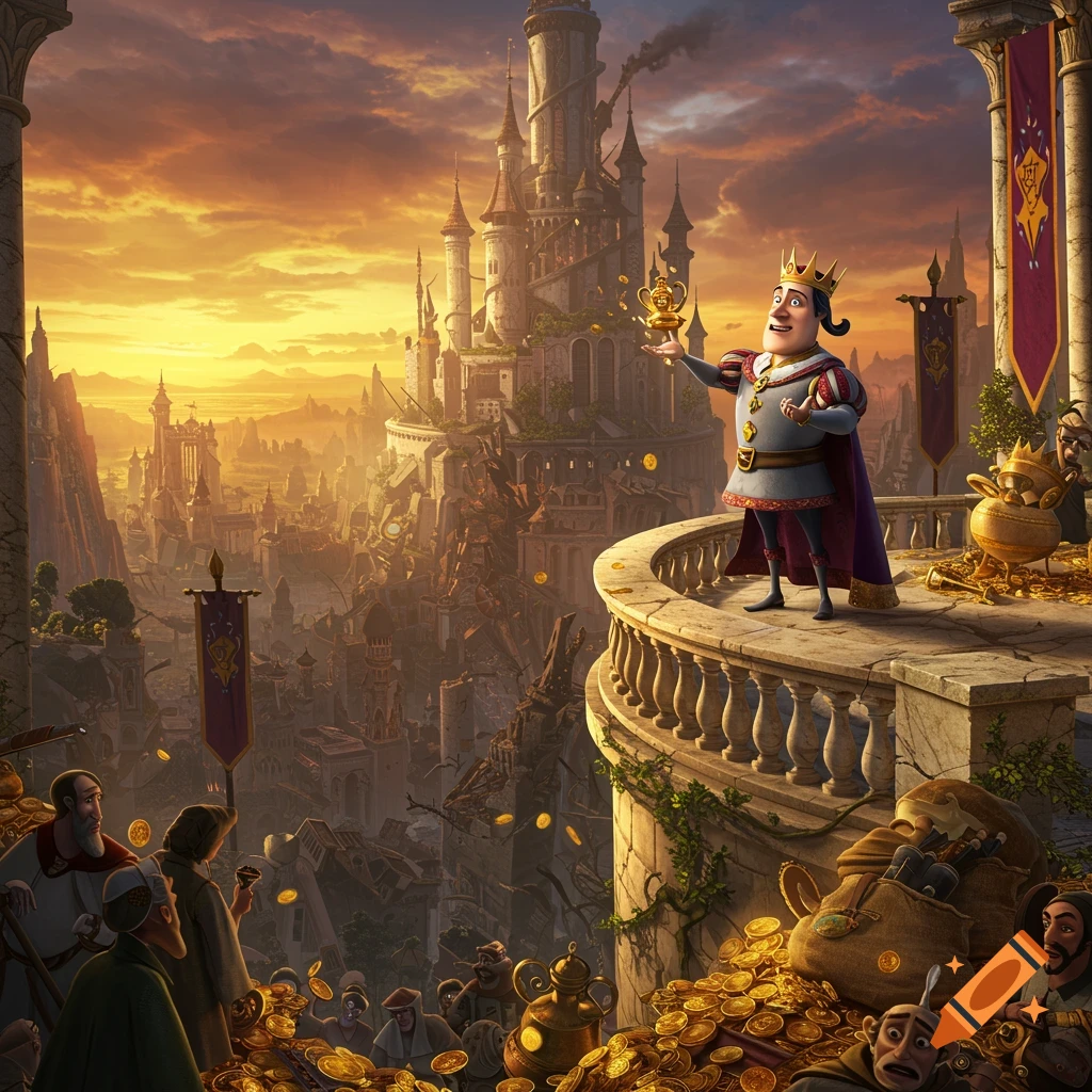 Cartoon king on a castle balcony at sunset, holding a goblet over a collapsing city filled with gold and people.