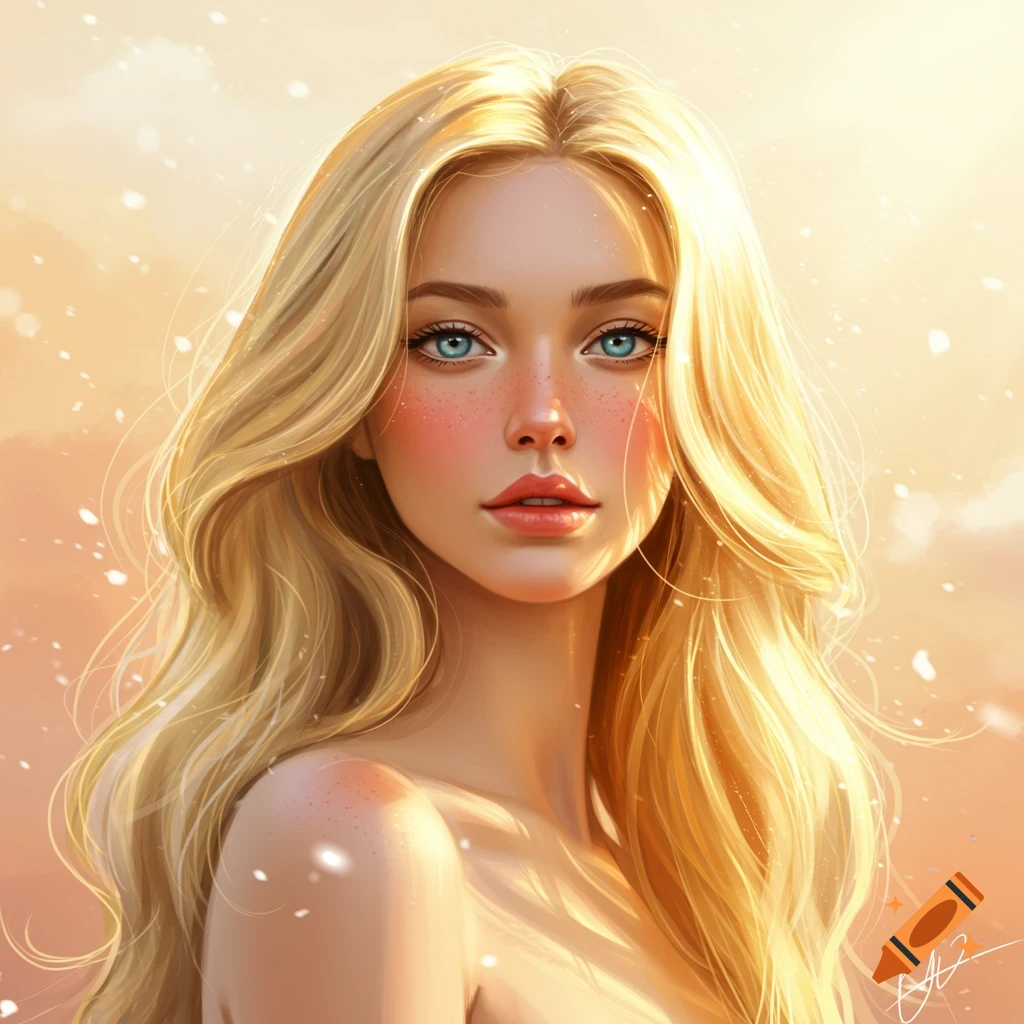 Digital art portrait of a blonde woman with blue eyes and freckles, rendered in a soft, warm light.