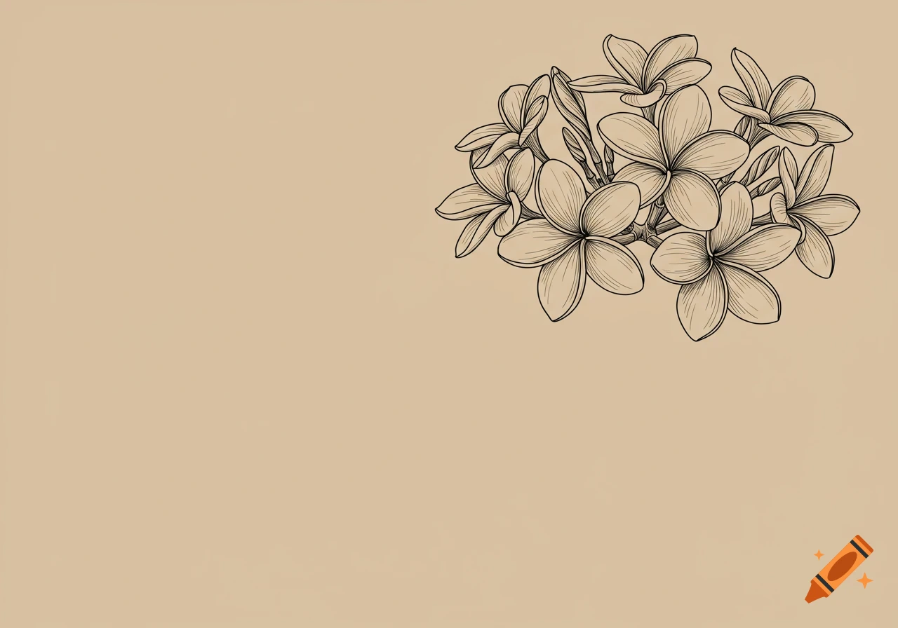 A minimalistic black line art illustration of plumeria flowers on a warm beige background, positioned in the upper right.