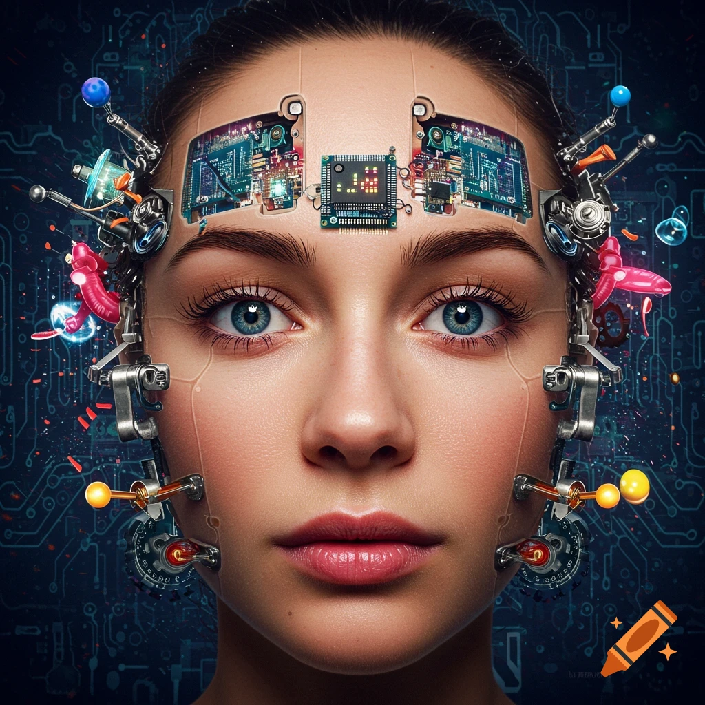 Close-up digital portrait of a woman with circuit boards and mechanical components integrated into her face and head, against a glowing circuit background.