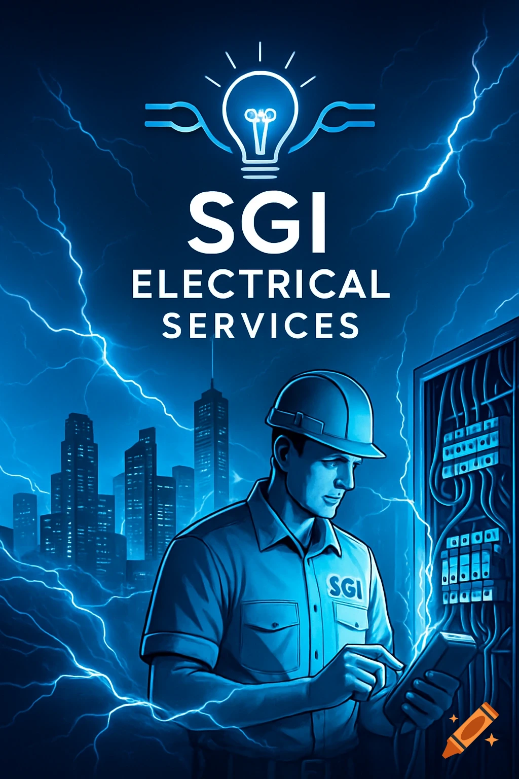 An ad for SGI Electrical Services featuring an electrician in a hard hat working on an electrical panel with a city skyline and lightning in the background. The text SGI ELECTRICAL SERVICES is at the top.