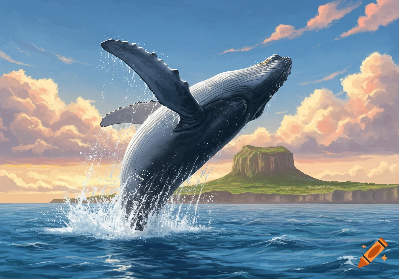 A humpback whale leaps out of the water creating a large splash, with a green island and colorful sky in the background. Digital art.