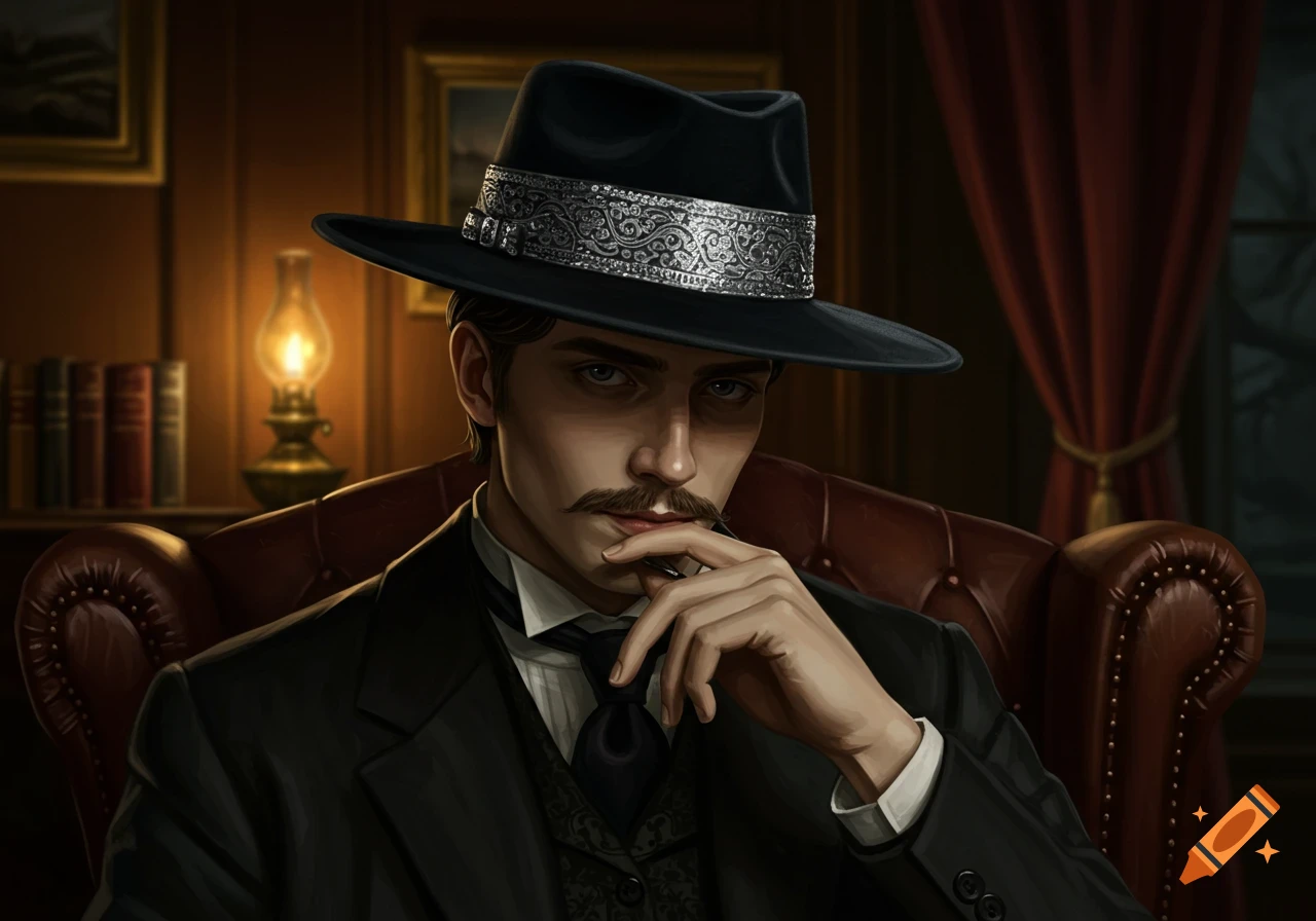 A man with a mustache and dark hair, wearing a suit and an ornate black fedora, sits in a leather armchair with his hand to his chin, looking intensely at the viewer. A warm lamp illuminates the background.