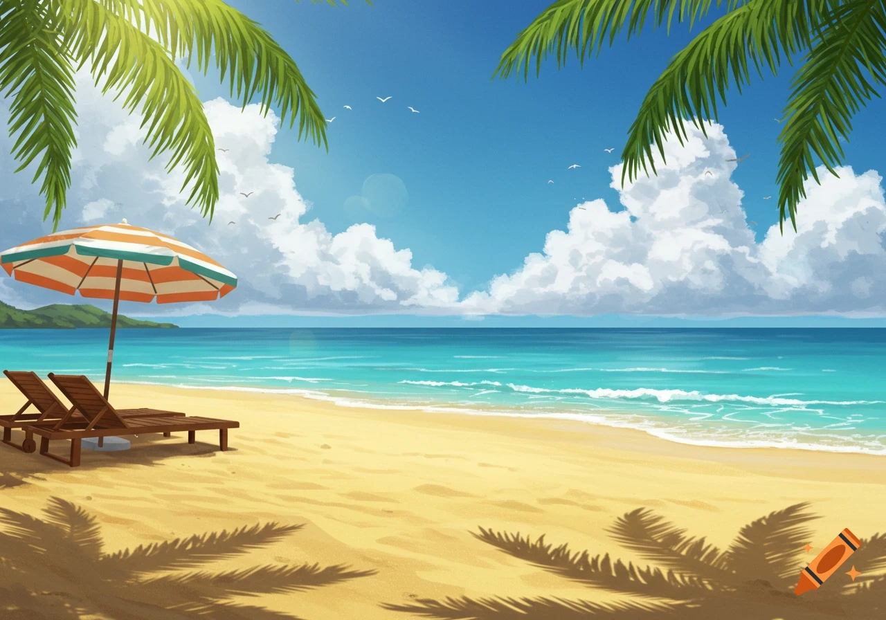 A bright, sunny beach scene with a striped umbrella and two lounge chairs under palm trees, overlooking a blue ocean with gentle waves.