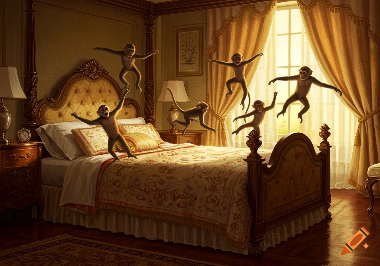 Monkeys jumping playfully on a large, ornate bed in a luxurious bedroom with golden curtains.