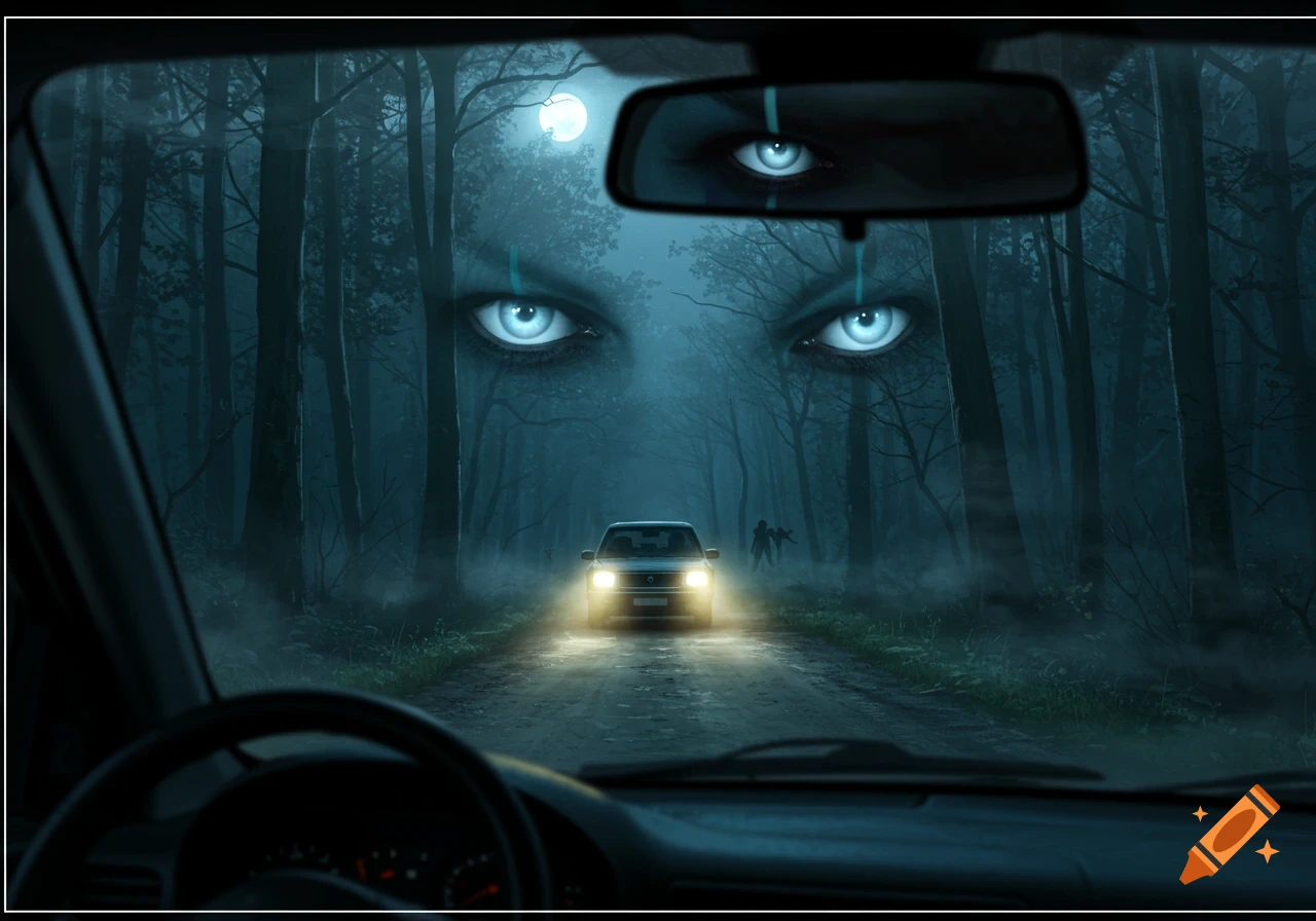 A dark, eerie scene from inside a car driving through a moonlit forest at night, with glowing blue eyes reflected in the rearview mirror and haunting the trees.