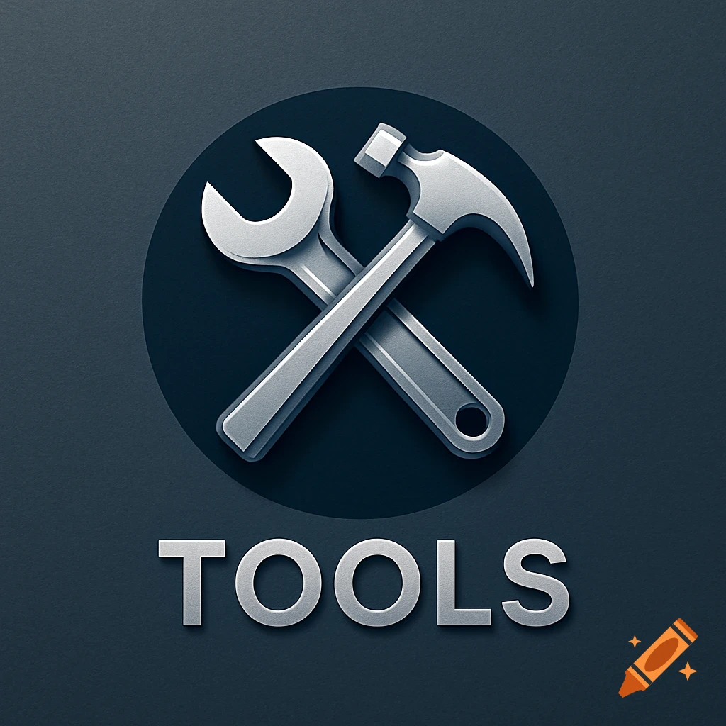 A metallic wrench crossed with a metallic hammer inside a dark blue circle, with the word "TOOLS" in metallic letters below, all on a dark textured background.