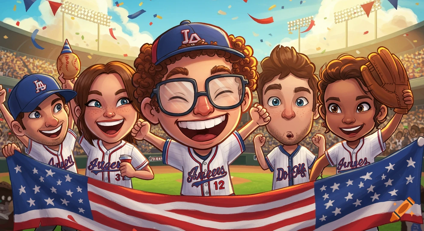A group of cheerful, cartoonish friends in baseball jerseys and caps celebrating at a baseball stadium, holding an American flag.