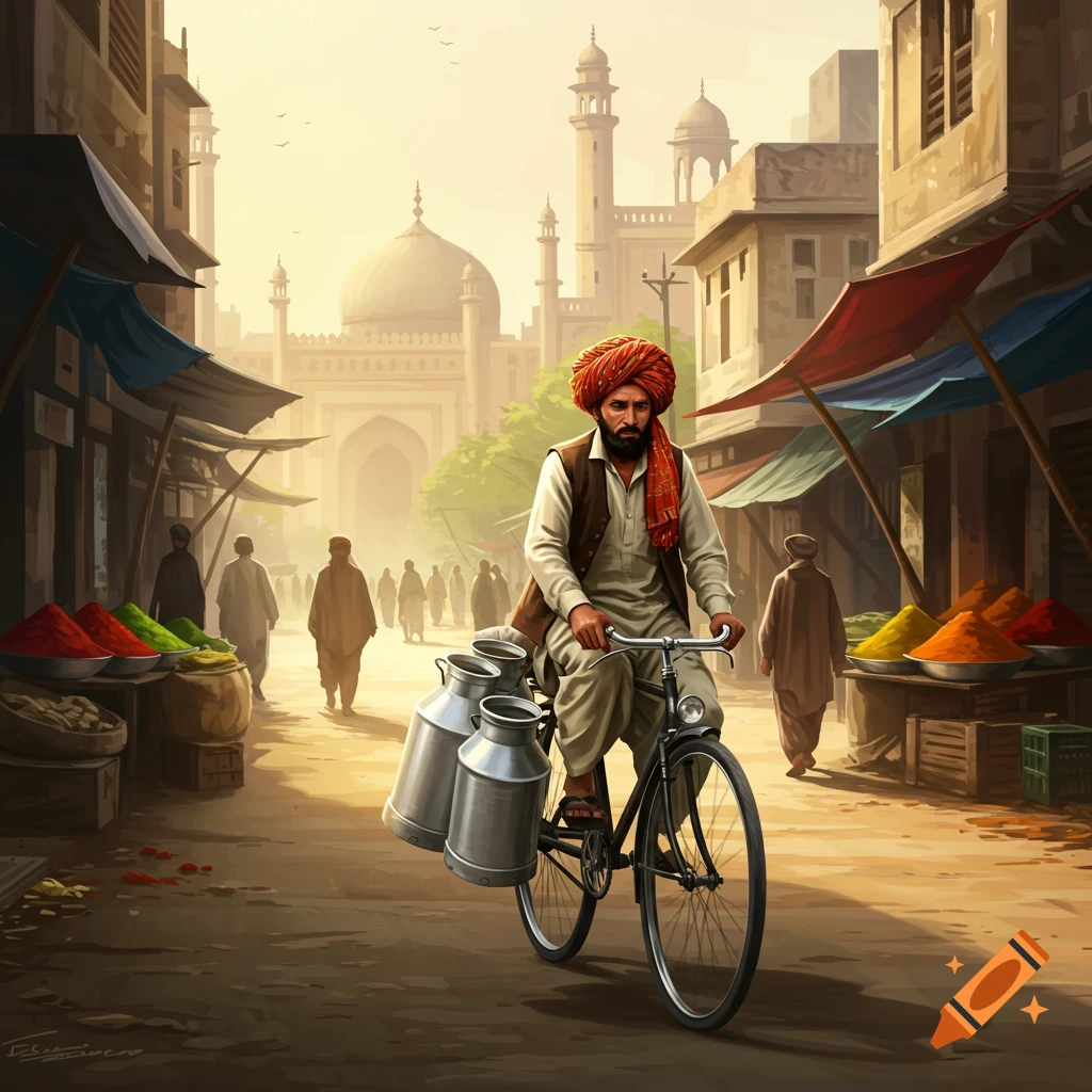 A man in traditional attire rides a bicycle with milk cans through a bustling marketplace with a mosque in the background.