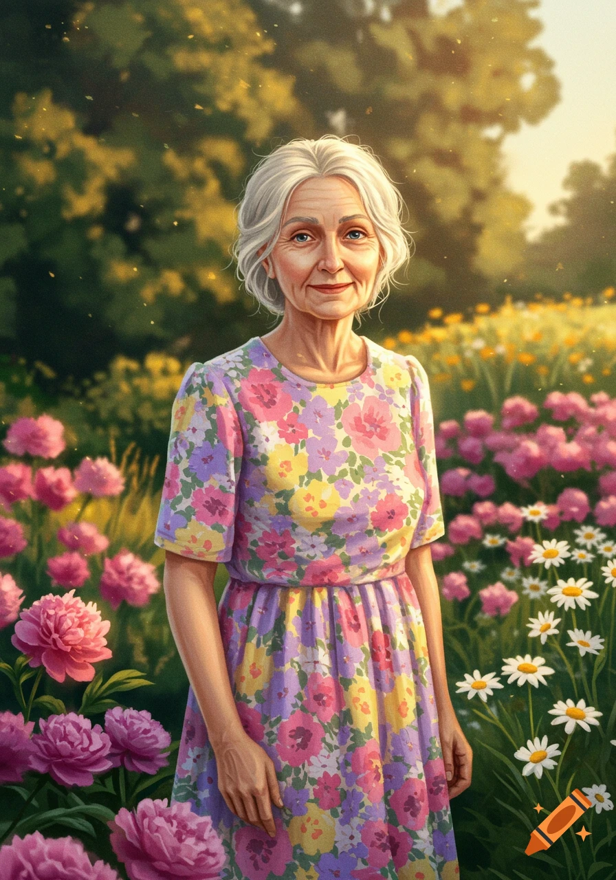 An old woman with grey hair in a colorful floral dress stands smiling in a vibrant flower field with pink peonies and white daisies.