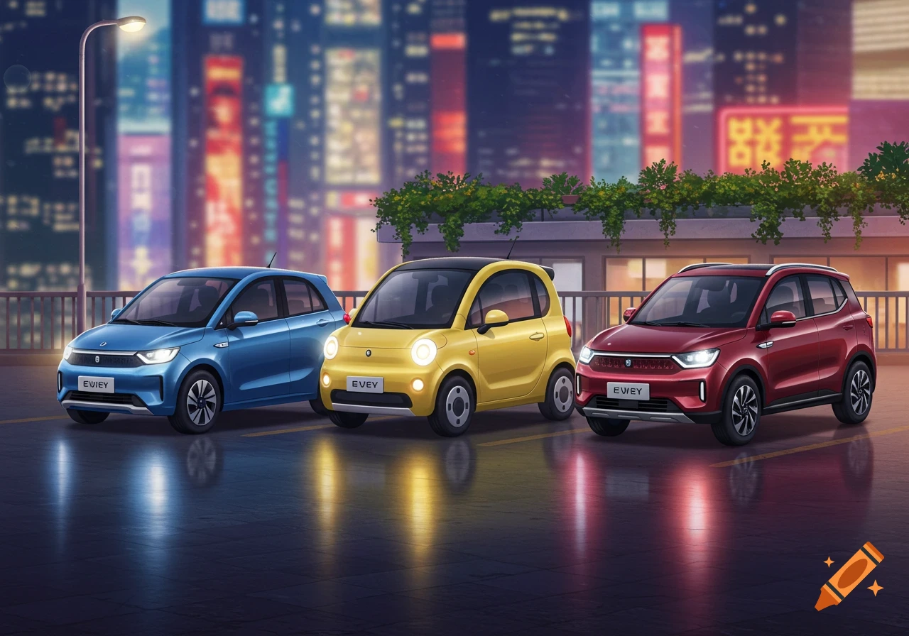 Three different colored EV cars, blue, yellow, and red, parked in a city at night with illuminated buildings in the background.