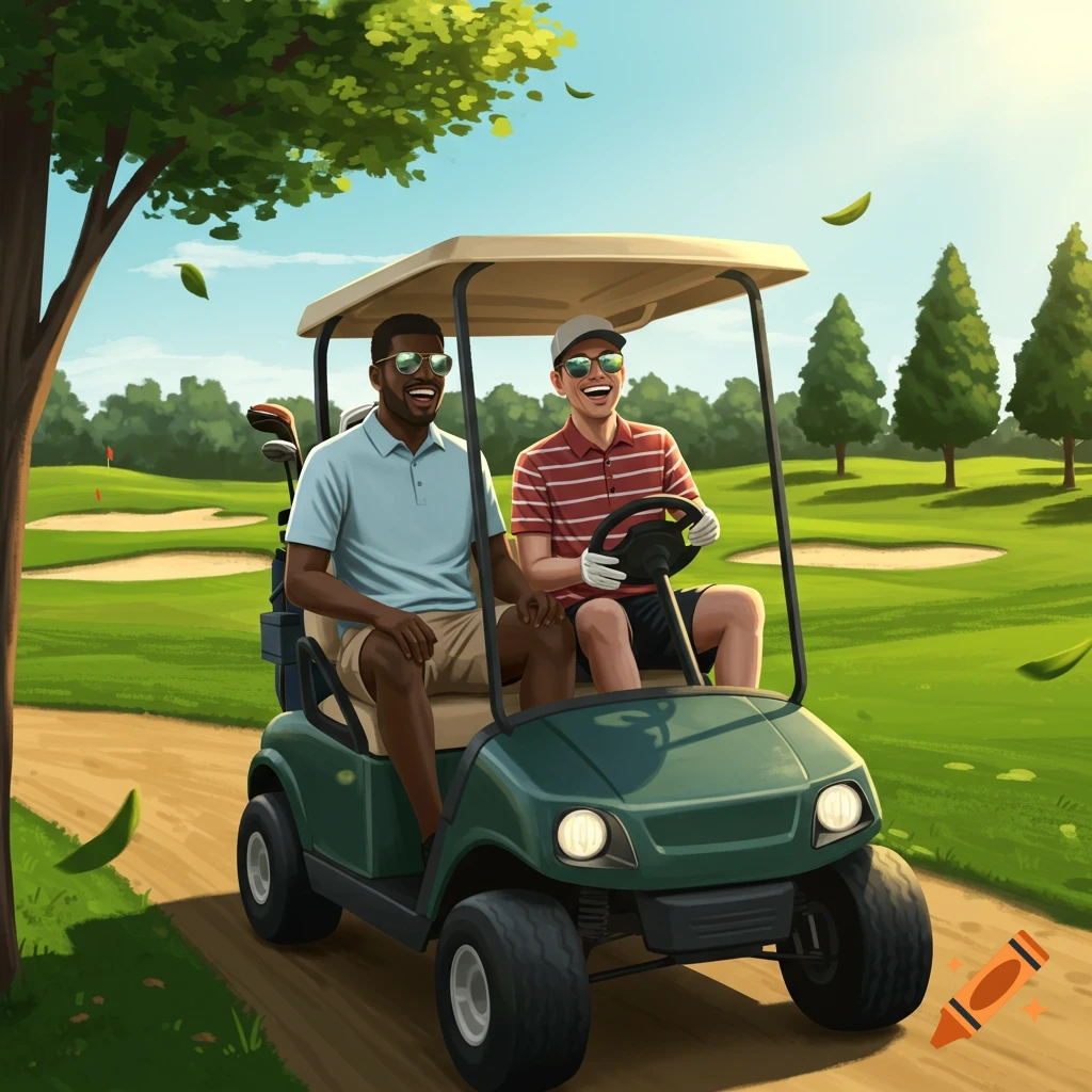 Two men, one Black and one White, smile while riding in a golf cart on a sunny golf course.
