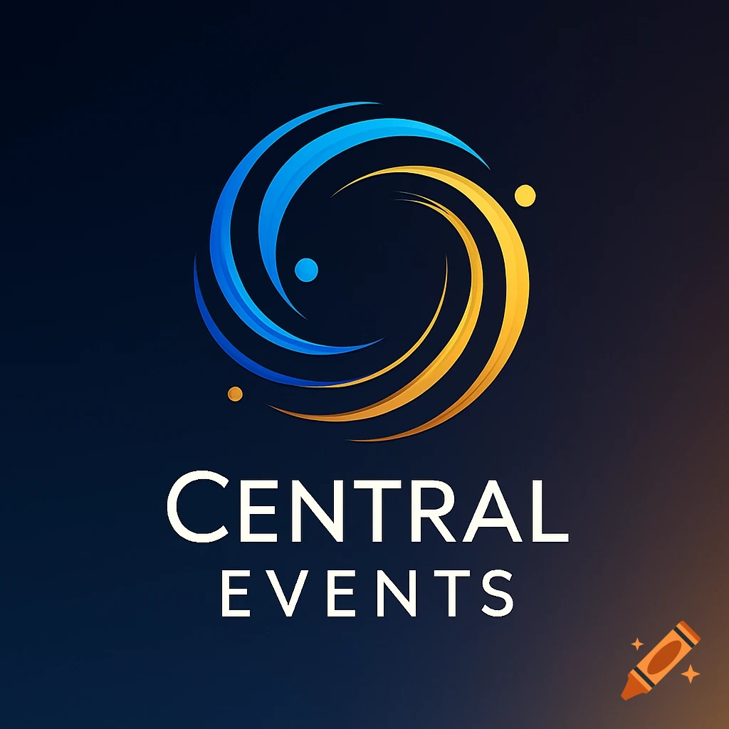 Logo featuring blue and gold swirling abstract shapes with two dots, above the white text CENTRAL EVENTS.
