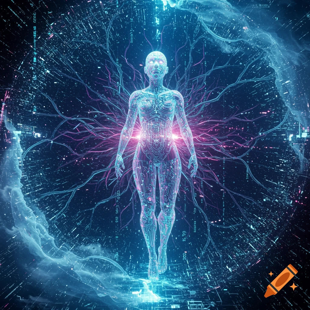 A glowing, circuit-patterned human figure floats in a cybernetic space with radiating data lines and digital mist, in a futuristic style.