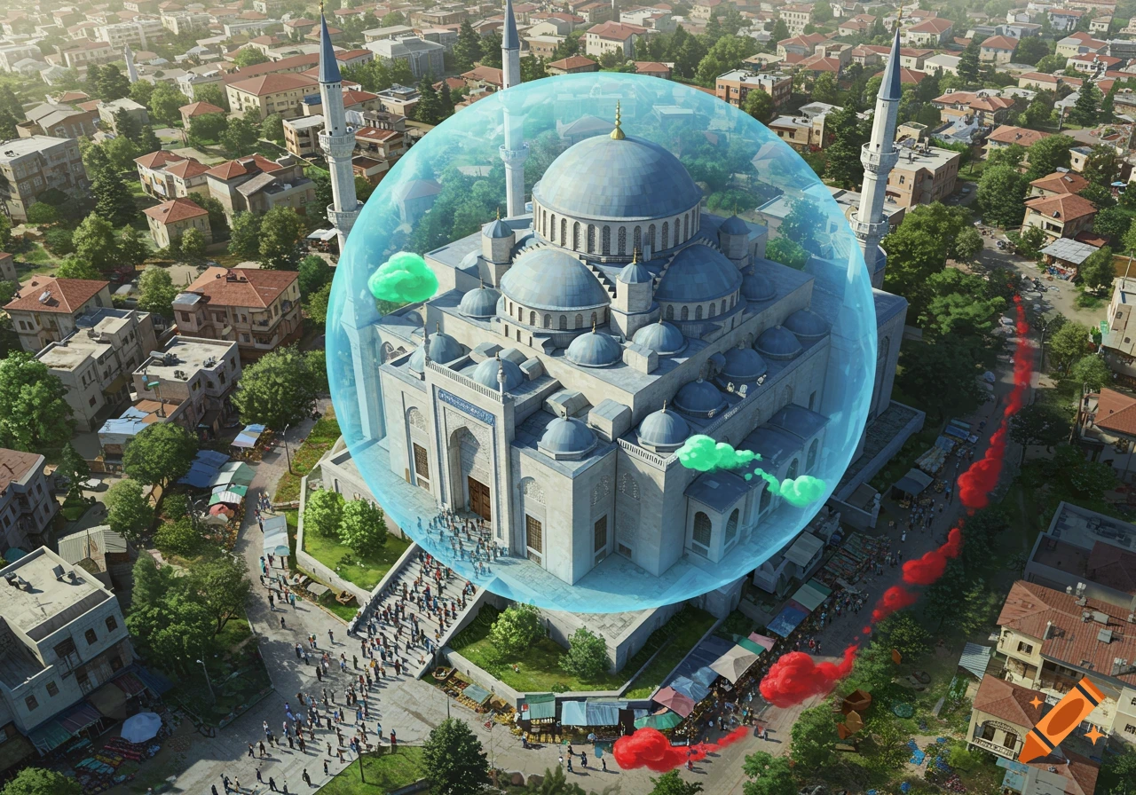 Overhead view of a grand mosque encircled by a glowing blue bubble, with tiny people entering under green clouds and exiting under red clouds, set in a detailed town.