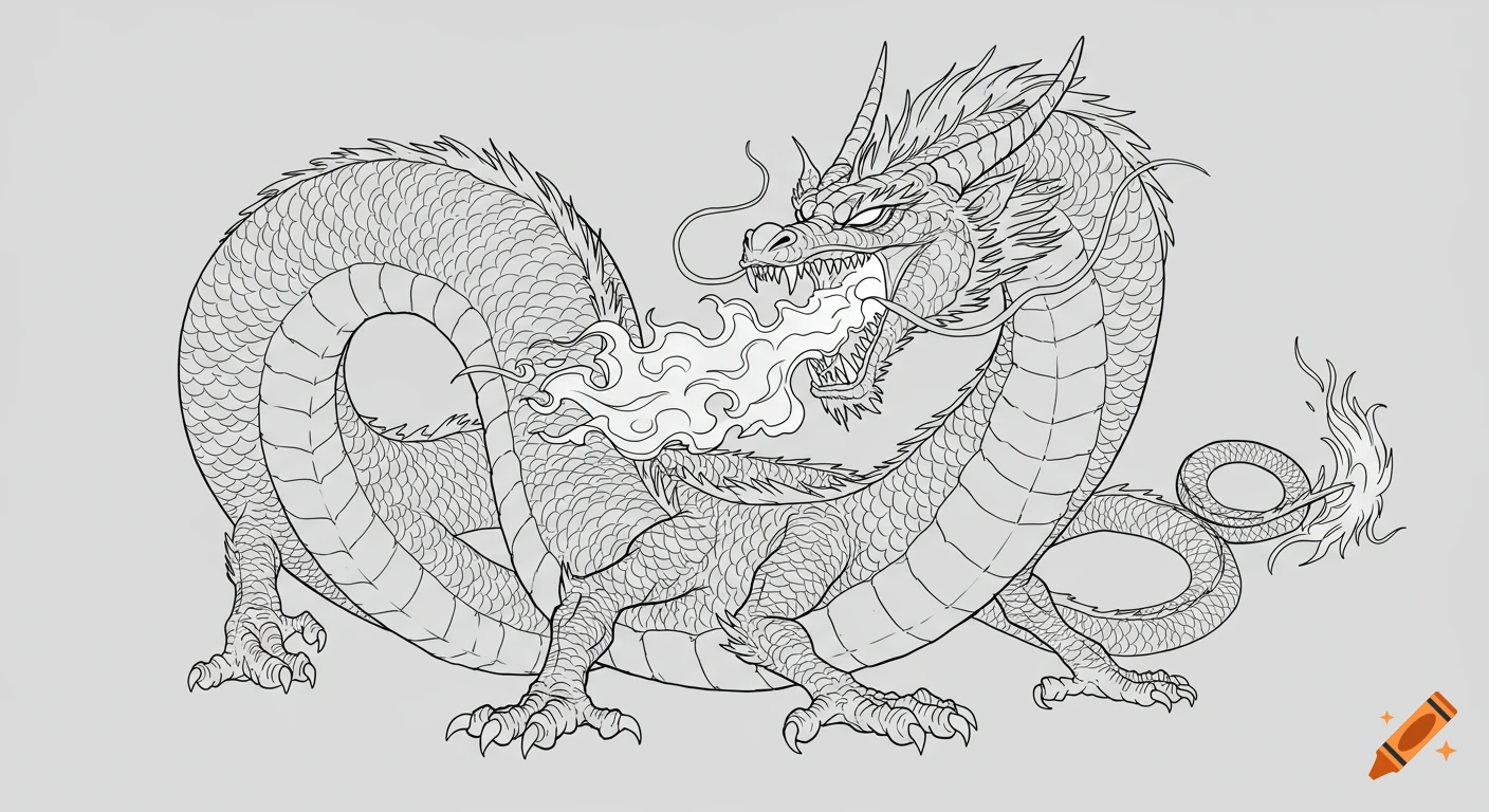 A detailed line drawing of a traditional Asian dragon, breathing fire from its mouth.