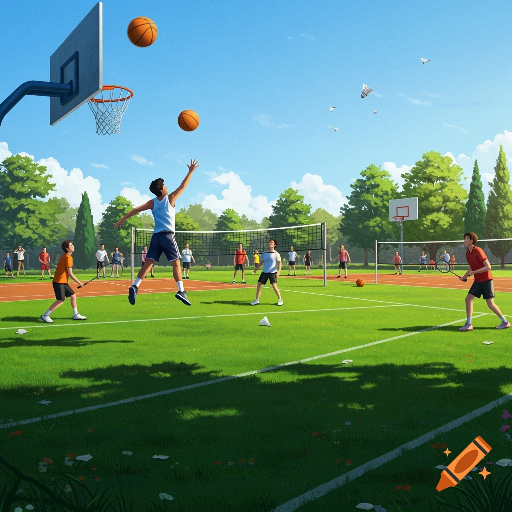 People playing basketball, volleyball, and badminton on a sunny sports field with trees and a blue sky.
