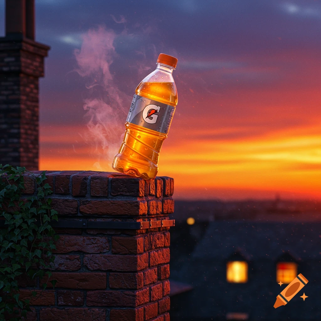 A Gatorade bottle stands on a brick chimney at sunset, with steam rising from behind it. The sky is a vibrant orange and purple gradient.